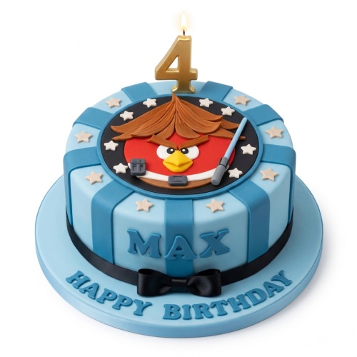 Round blue Angry Birds birthday cake with Red as a Jedi, custom name and age candle.