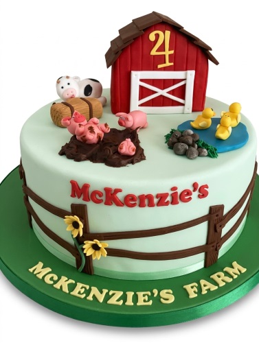 Round farm animal birthday cake with red barn, pigs, ducks, cow, hay bale, fence, and custom age '4'.