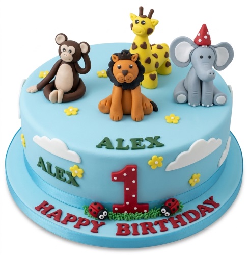 Round blue fondant cake with fondant monkey, lion, giraffe, and elephant figures, yellow flowers, white clouds, and red ladybugs.