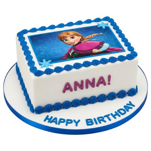 White square cake with an edible image of Disney Princess Anna, blue piped icing, and blue snowflakes.