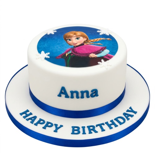 Round white fondant cake with an edible image of Disney's Anna and blue "Happy Birthday" text.