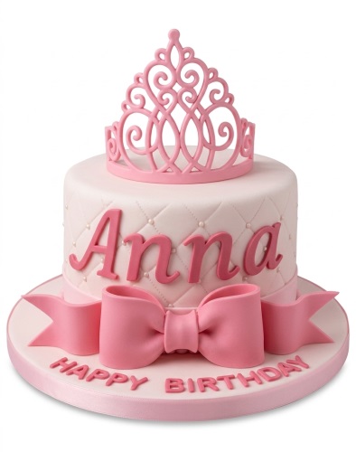 Pink princess birthday cake with a tiara topper, large bow, and quilted design with pearl details.