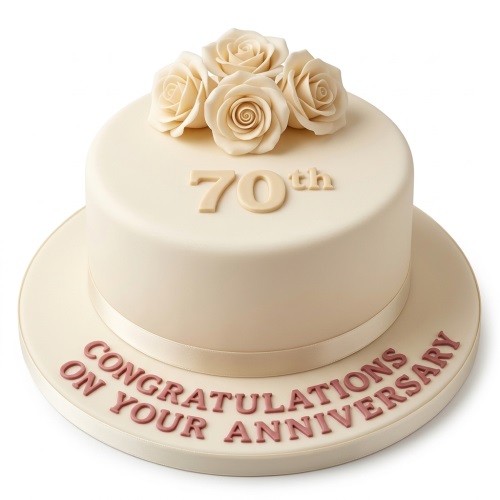 Cream 70th anniversary cake with fondant roses and 'Congratulations on Your Anniversary' message.