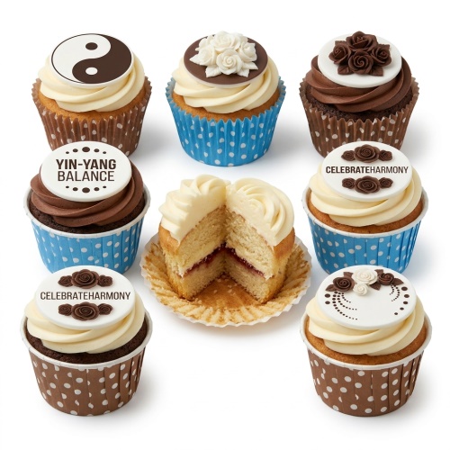 Selection of elegant cupcakes with cream and chocolate frosting, decorated with white and brown edible floral designs and symbolic toppers.