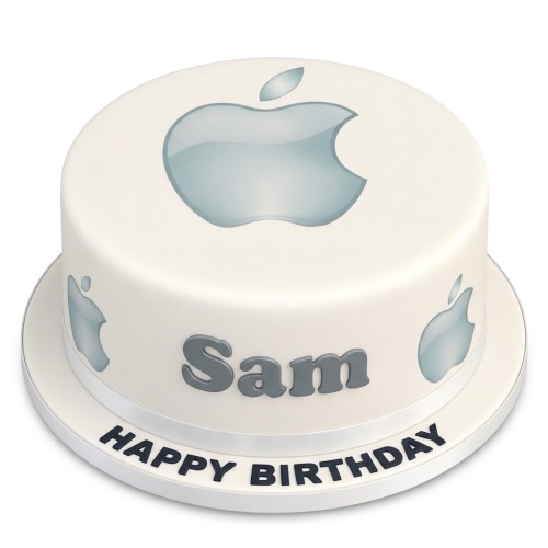 Round white birthday cake with a large silver Apple logo on top and smaller logos around the side, with a custom name and 'Happy Birthday' message.