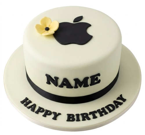 Round cream cake with black Apple logo, yellow flower, black ribbon, and 'Happy Birthday' message.
