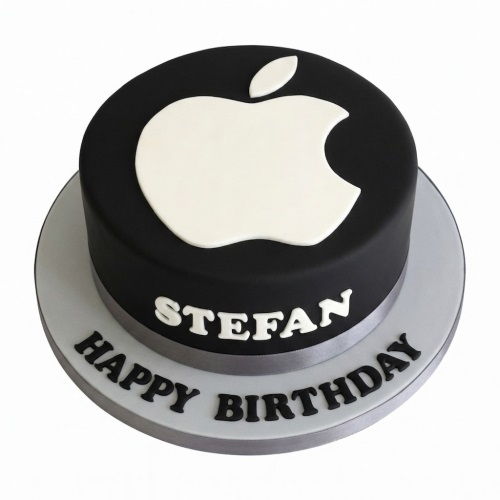 Round black cake with white Apple logo, personalised name and Happy Birthday message on grey board.