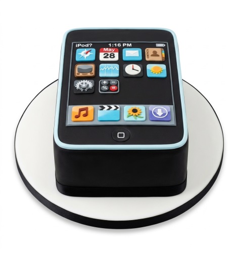 Black iPhone theme birthday cake with app icons and a light blue trim.