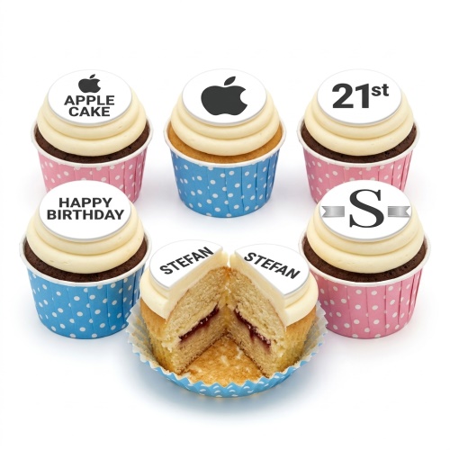 Personalised birthday cupcakes with custom age, name, and logo toppers in pink and blue wrappers.