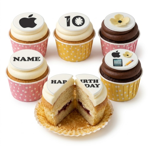 Vanilla and chocolate cupcakes with white frosting, Apple logo, iPad, pencil, flower, and custom age/name toppers.