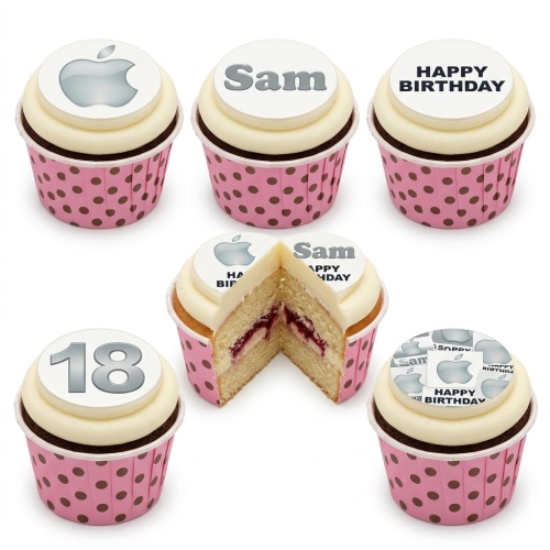 Cupcakes with white frosting and pink cases, topped with edible Apple logos, a personalised name, a 'Happy Birthday' message, and a custom age topper.