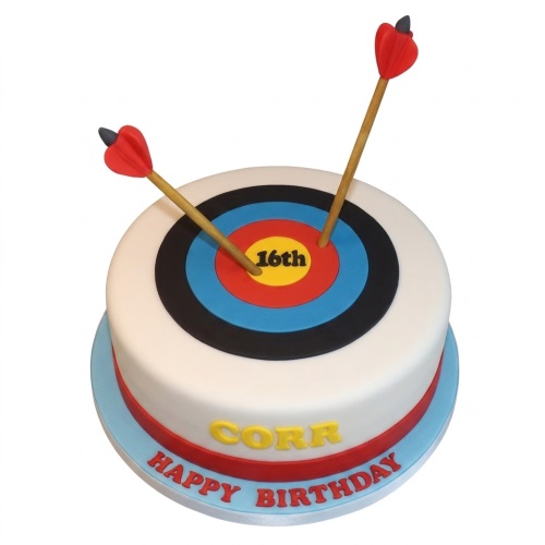 Round white birthday cake with archery target, arrows, and custom age text.