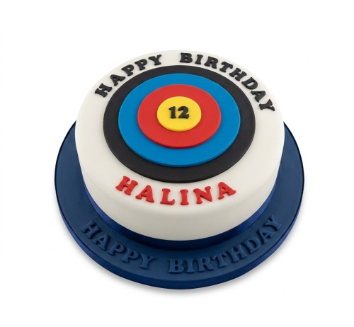 Round white cake with a colourful archery target design, custom age number, and personalised name.