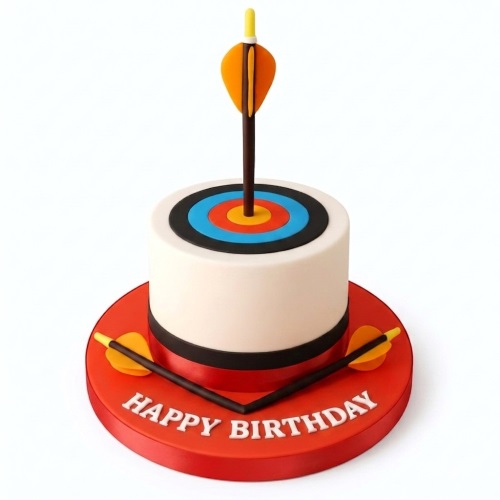 Round white cake with an archery target on top and edible arrows. Red cake board with 'Happy Birthday' message.