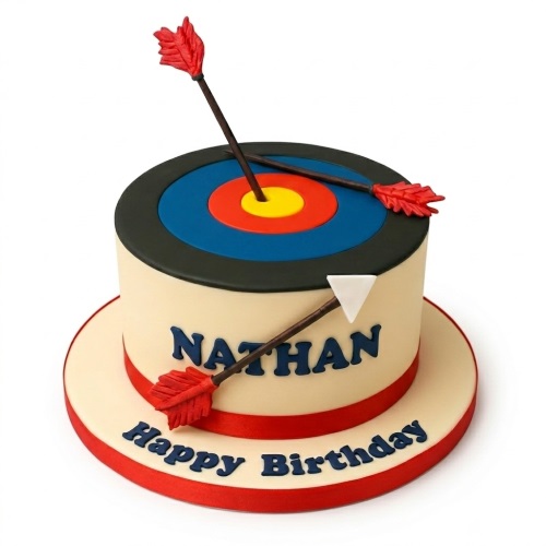 Round single-tier archery target birthday cake with red arrows and custom message.