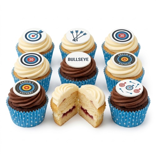 Archery themed cupcakes with target, arrows, and "BULLSEYE" toppers on vanilla and chocolate sponges.