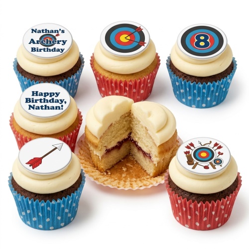 Archery themed birthday cupcakes with target, arrow, and quiver toppers, some with custom age and name.