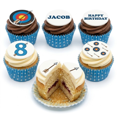 Set of archery themed birthday cupcakes with targets, arrows, custom age and name examples.