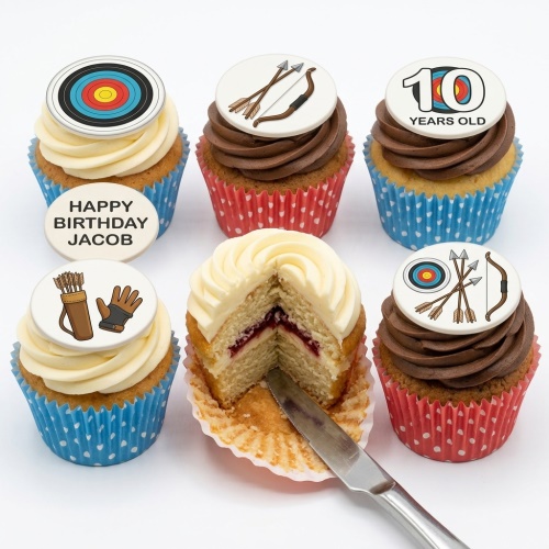 Archery themed cupcakes with targets, bows, arrows, quiver, and glove toppers, with custom age and message examples.