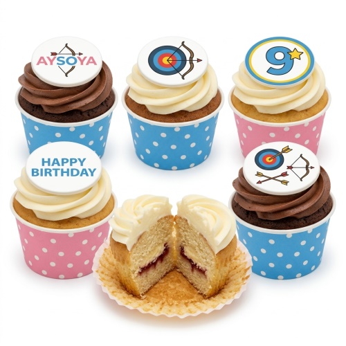 Archery themed birthday cupcakes with bow, arrow, and target toppers, featuring custom age and message.