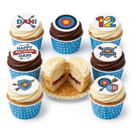 Assortment of archery themed birthday cupcakes with target, arrow, and shield toppers, some showing custom age and name examples.