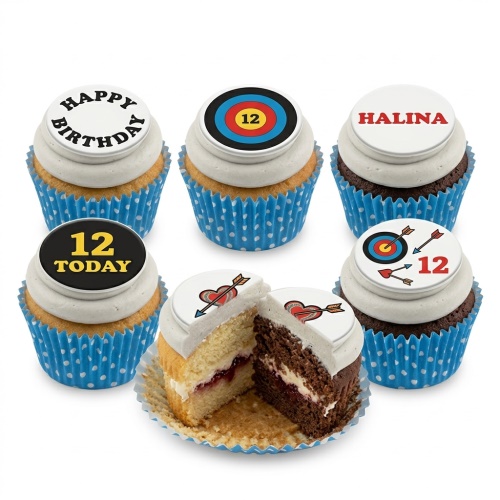 Cupcakes with archery target and heart with arrow toppers, some with 'Happy Birthday' and custom age.