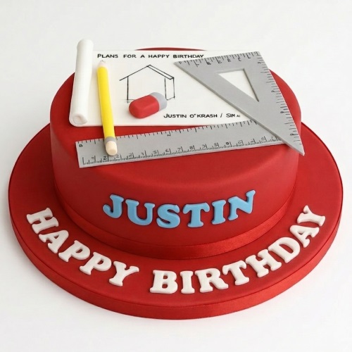 Red round birthday cake with edible drafting tools: ruler, set square, pencil, eraser, and a blueprint design.