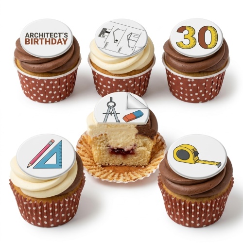Architect themed cupcakes with drawing tools, building plans, and custom age topper