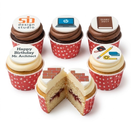 Architect theme birthday cupcakes with brick, laptop, and tools on white toppers.
