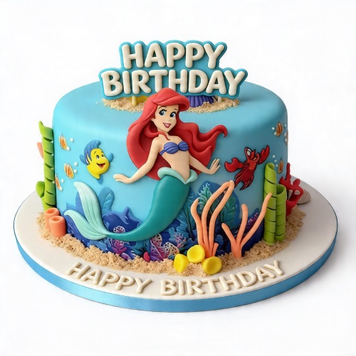 Round blue Ariel The Little Mermaid birthday cake with Flounder and Sebastian decorations.