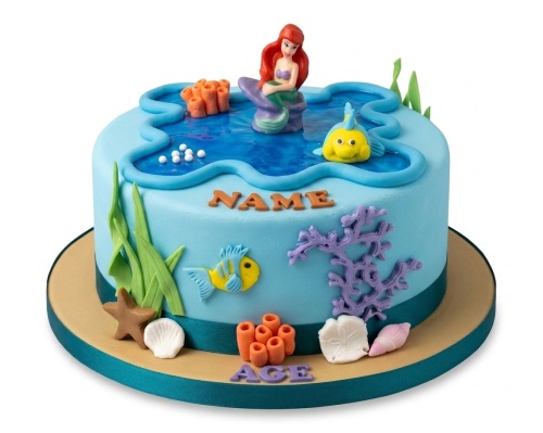 Ariel Mermaid birthday cake with Flounder, coral, seaweed, and seashells, featuring custom name and age.