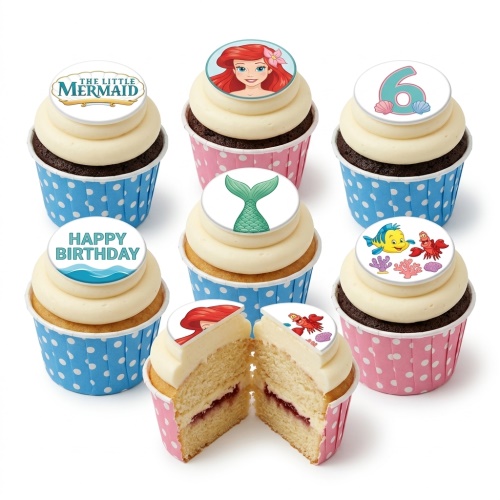 The Little Mermaid themed birthday cupcakes with Ariel, Flounder, Sebastian, mermaid tail, and custom age topper.