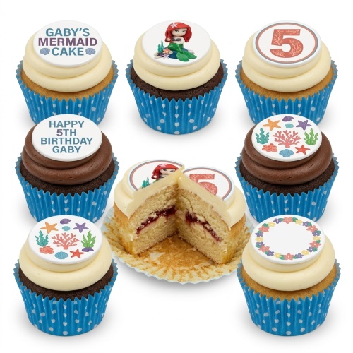 The Little Mermaid themed cupcakes with Ariel, sea creatures, and custom age and name toppers.
