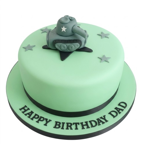 Round mint green birthday cake with a grey tank topper and star decorations.