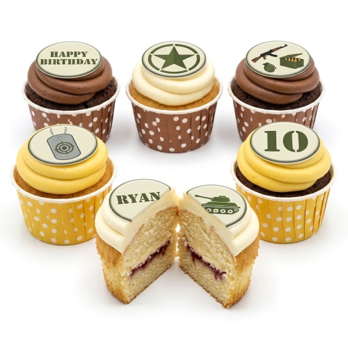 Set of military-themed birthday cupcakes with army star, tank, rifle, and dog tag toppers, with custom age and name examples.