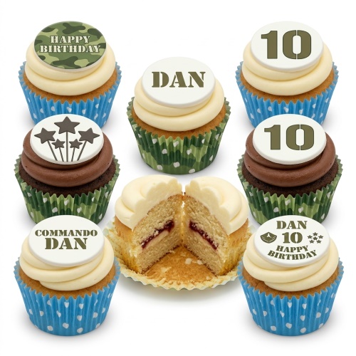 A selection of military camouflage themed birthday cupcakes with custom age and name toppers.