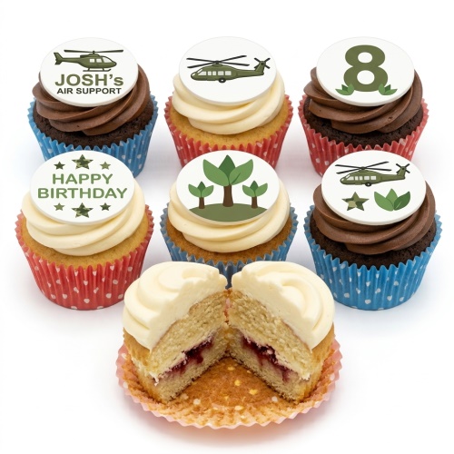 Army themed birthday cupcakes with helicopter, jungle, and custom age toppers on vanilla and chocolate sponges.
