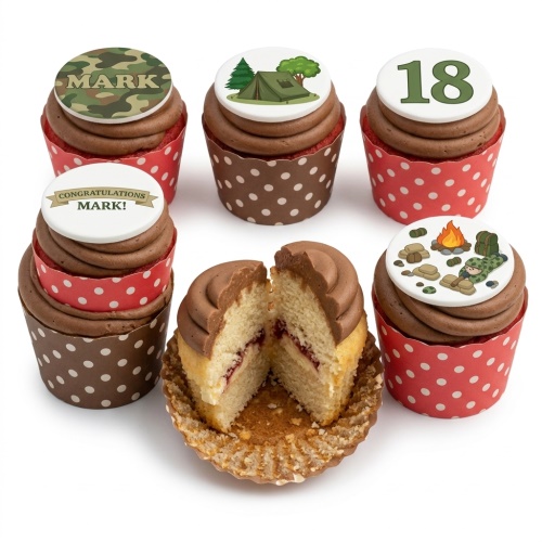 Camping themed cupcakes with chocolate frosting, featuring tent, campfire, and camouflage designs, with custom age topper.