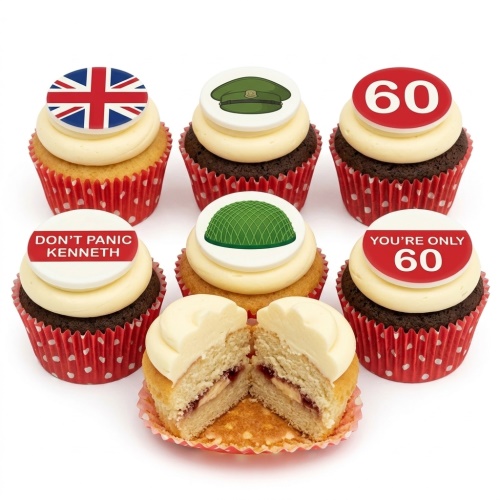 Military themed cupcakes with Union Jack, army cap, helmet, and 60th birthday toppers.