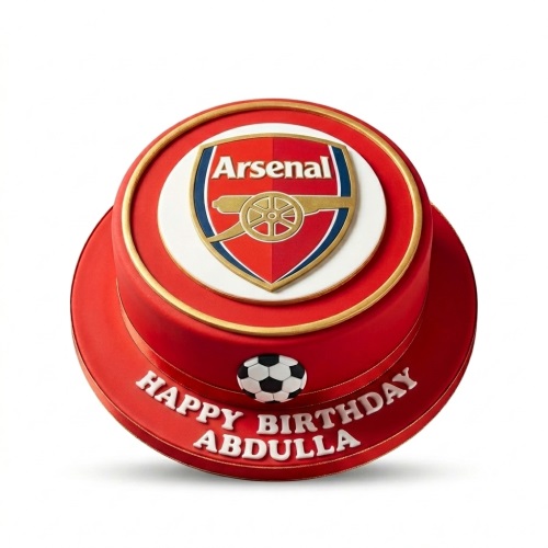 Round red Arsenal football birthday cake with club crest and a small football.