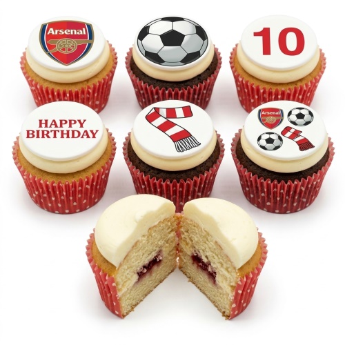 Arsenal Football Club themed birthday cupcakes with club crest, footballs, scarf, and custom age topper.