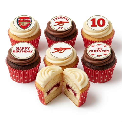 Arsenal FC themed birthday cupcakes with club crests, cannon logos, 'Happy Birthday', 'The Gunners' and custom age topper.