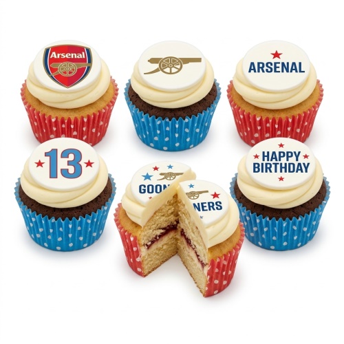 Arsenal themed cupcakes with club crests, cannon, and custom age topper.