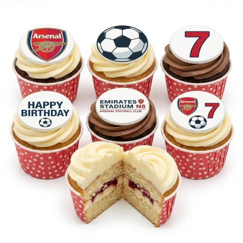 Arsenal football themed cupcakes with club crests, footballs, Emirates Stadium, custom age, and Happy Birthday message.