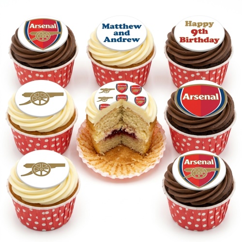 Arsenal football cupcakes with crest and cannon toppers, featuring custom age and name examples.