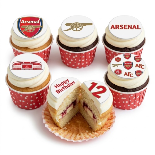 Arsenal Football Birthday Cupcakes with various club logos, stadium, cannon, and 'Happy Birthday' with a custom age topper.