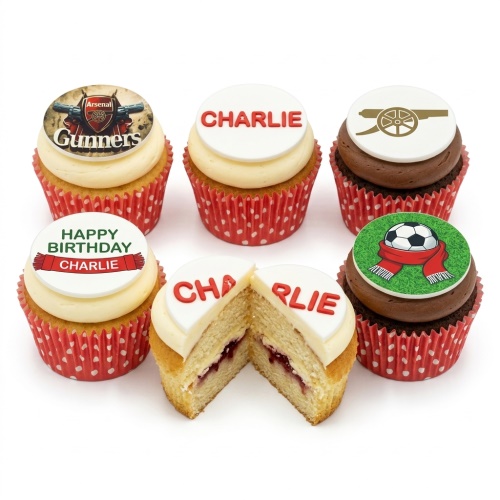 Selection of Arsenal football themed cupcakes with edible club logos and a football with a scarf, some with personalised name toppers.