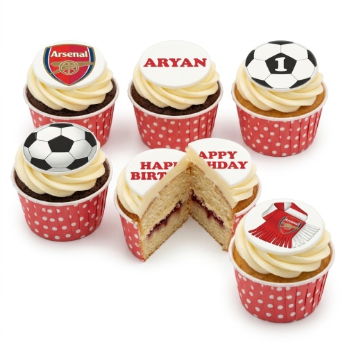 Arsenal football themed birthday cupcakes with club crest, scarf, and football toppers.