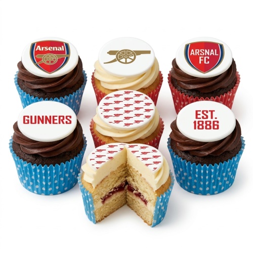 Arsenal Football Club themed cupcakes with various club logos and text toppers on chocolate and vanilla sponges.