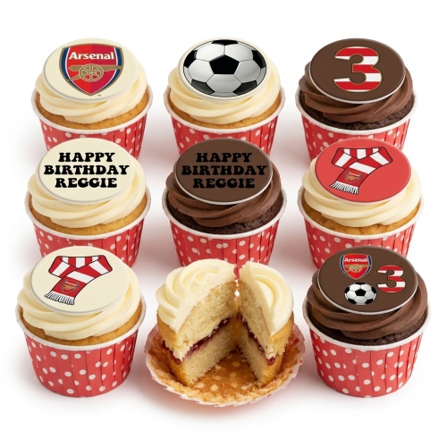Arsenal football themed birthday cupcakes with team crest, football, scarf, and custom age toppers.